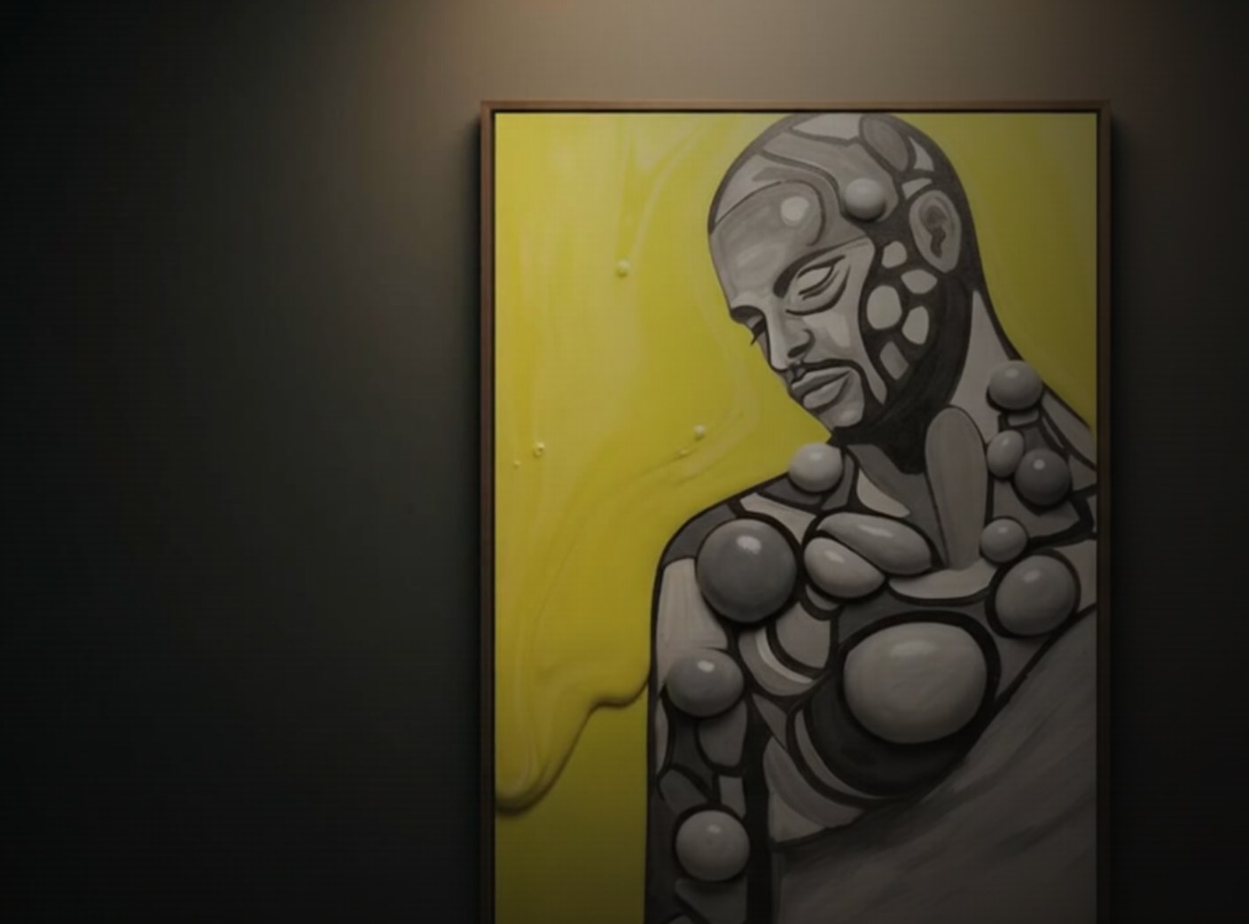 A painting of the Fossil Body series on a dark wall