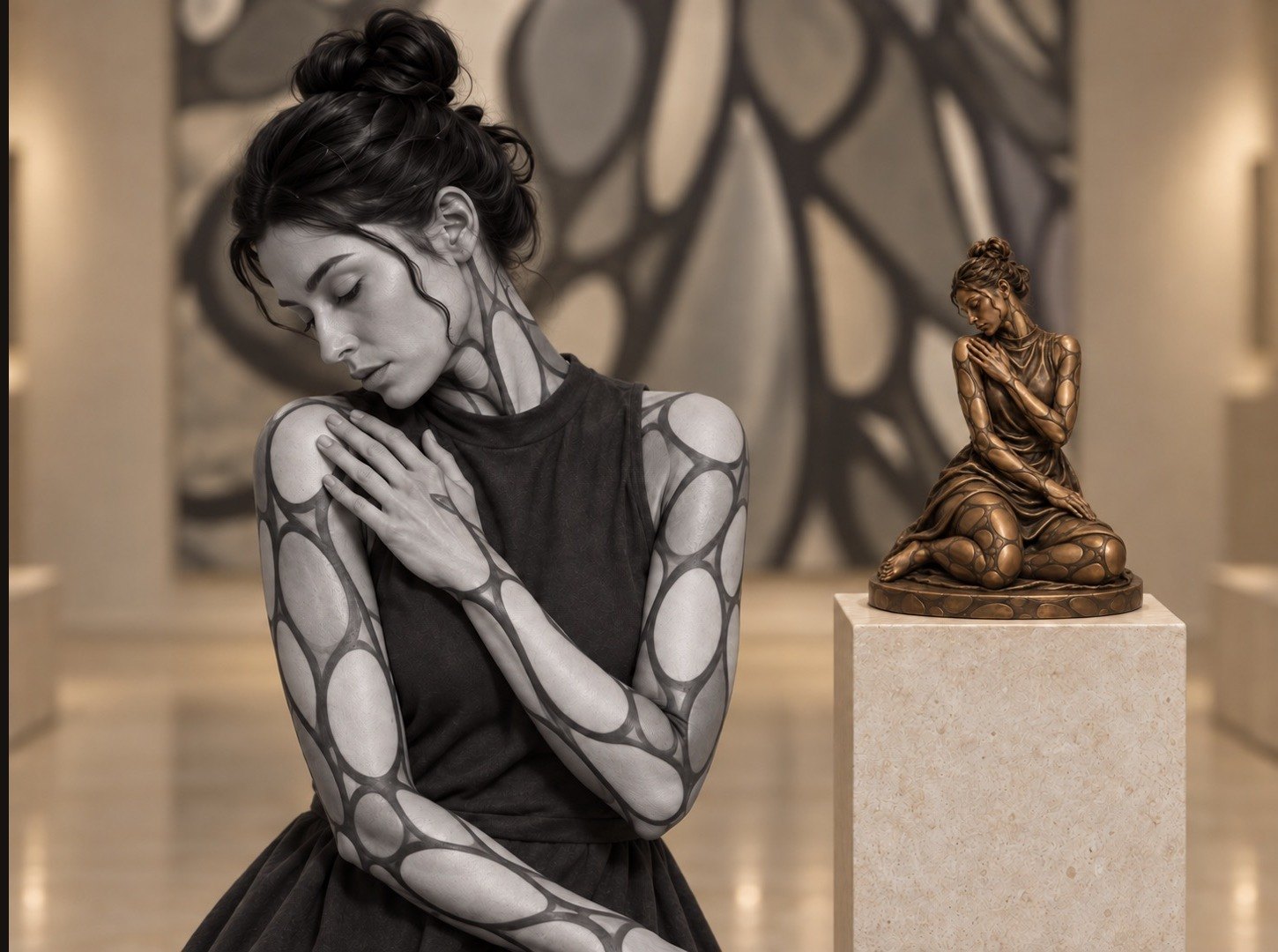 A model painted with organic forms beside the bronze sculpture