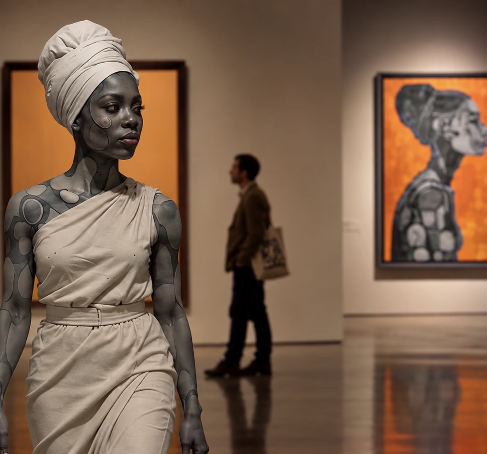 A woman painted with the organic forms of Fossil Body walks through a gallery, beside paintings of the series