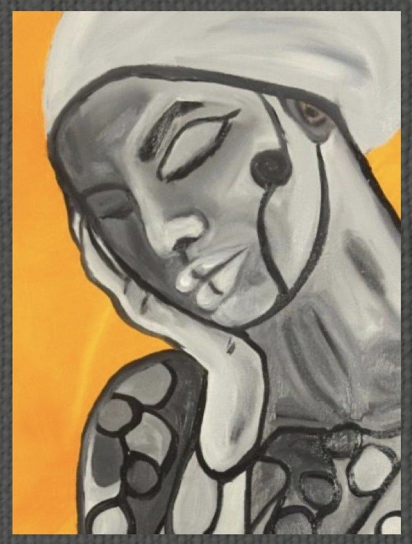 Painting of a resting face in gray and yellow