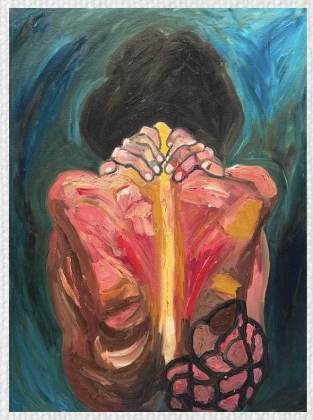 Painting of a figure seen from behind, in warm colors